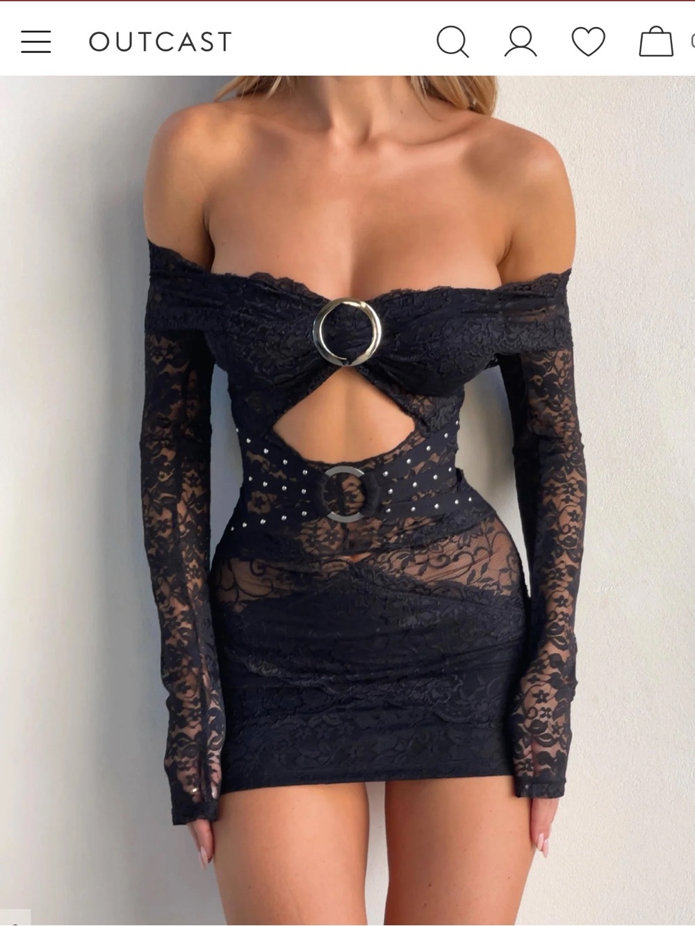 Outcast Off-Shoulder Black Lace Cutout Mini Dress with Ring Detail